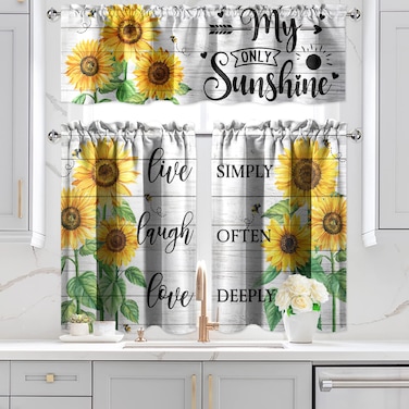 VBDFD Sunflower Kitchen Curtains and Valances Set 3 Pieces Rustic Wood Farmhouse Kitchen Curtain Set Floral Kitchen Window Curtains Tier and Valance Curtain Set for Sunflower Home Kitchen Decor