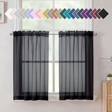 Aiyufeng Black Sheer Curtains 36 inches Long 2 Panels, Short Black Curtain Sheer Solid Cafe Sheer Tiers, Black Sheer Kitchen Tier Curtains for Kitchen Room Laundry, Rod Pocket, 40" Wx36 L