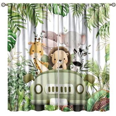 Jungle Safari Baby Curtains, Safari Animals Tropical Natural Green Plants Branches Leaves Floral Print Window Treatments for Kids Boys Bedroom Party Decor, 42" W X 45" L