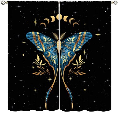 Blue Moon Moth Curtains,Boho Mystical Magic Stars Floral Leaves Moth Moon Phase Aesthetic Witchy Home Decoration Black Curtains Window Treatment Kitchen Bedroom Dining Room 21x45in,2 Panel Set