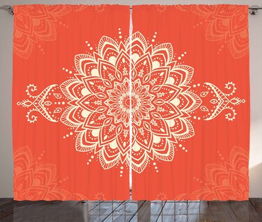 Ambesonne Oriental Curtains, Round Mandala Design Yoga Cosmos Concepts Outline Ornament Graphic, Living Room Bedroom Window Drapes 2 Panel Set, 108" X 90", Orange Ivory