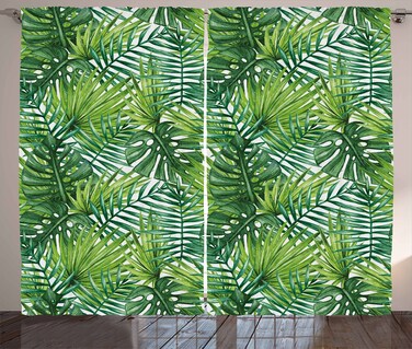 Ambesonne Leaf Curtains, Tropical Exotic Banana Forest Palm Tree Leaves Watercolor Design Image, Living Room Bedroom Window Drapes 2 Panel Set, 108" X 90", Green