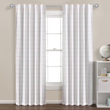 Lush Decor Urban Square Grid 100% Lined Back Tab/Rod Pocket Blackout Window Curtain Panel Pair, 84" L X 42" W, White &amp; Blush
