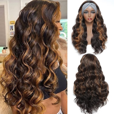Brown Headband Wig 24 Inch Long Wavy Headband Wigs for Black Women Dark Brown Mix Blonde Highlights Loose Wave Headband Wig Synthetic Long Wigs for Women and Girls Daily Party Wear (Brown)