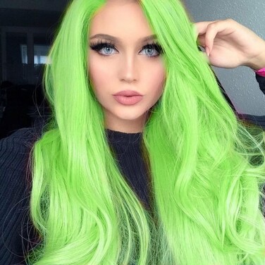 AFBeauty Neon Green Wig Pre Plucked Pastel Green Lace Front Wigs for Women Realistic Long Curly Wavy Synthetic Hair Soft Natural Hairline Heat Resistant Wig Daily Cosplay Party Costume 22 Inches