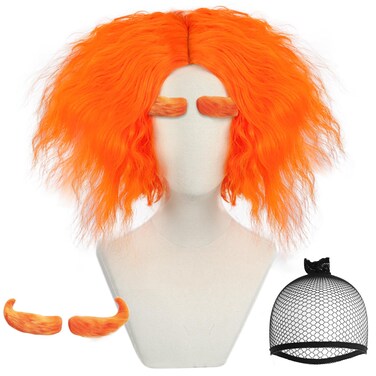 Anogol Wig Cap+ A Pair of Eyebrow Mad Wig for Men Orange Wigs Short Curly Cosplay Wigs with Middle Part Synthetic Hair for Anime Costume Wig for Halloween Party Funny Wig for Adult