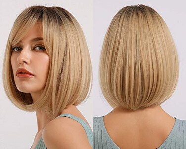 FIFIGO Blonde Bob Wig with Bangs Short Wigs for Women Ombre Straight Synthetic Natural Heat Resistant Fiber Wigs as Real Hair 14 inches for Daily Wear, Party, Costume, Cosplay