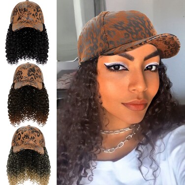Qlenkay Leopard Baseball Cap with 16in Hair Extensions Adjustable Metal Buckle Wig Hat Attached African Kinky Curly Hairpiece for Woman Dark Brown To Ginger Brown