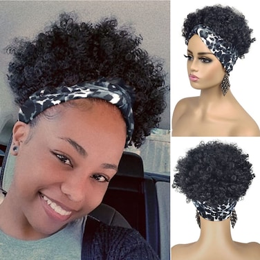 Allyreetress Short Afro Wigs for Black Women Afro Kinky Curly Wigs with Headbands Attached No Drawstring Leopard Short Headband Afro Puff Wigs for Black Women
