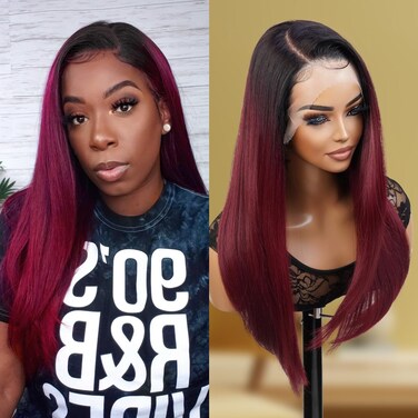 GLAM21USA Invisible 13X6 Deep Transparent Frontal HD LACE Front Wig Straight Preplucked Hairline Human Hair &amp; Synthetic Blend Swiss-Lace Curly Long Wigs - Athena (Brown-Lace, OET1B/BURG)