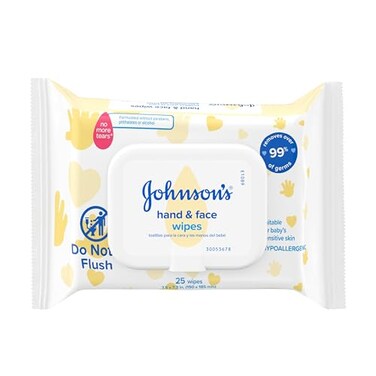 Johnson's Baby Disposable Hand &amp; Face Cleansing Wipes, Pre-Moistened Disposable Baby Wipes Gently Remove 99% of Germs &amp; Dirt from Delicate Skin, Hypoallergenic, 25 ct