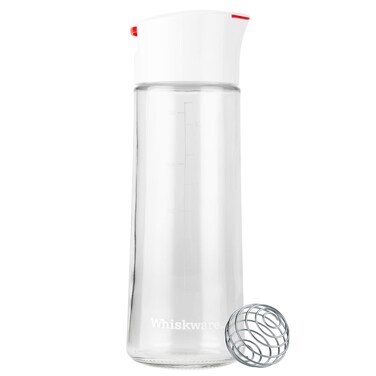 Whiskware Glass BlenderBall Whisk Leak Proof Salad Dressing Shaker Bottle with Auto Closing Lid for No Spills, 2.5 Cups, White
