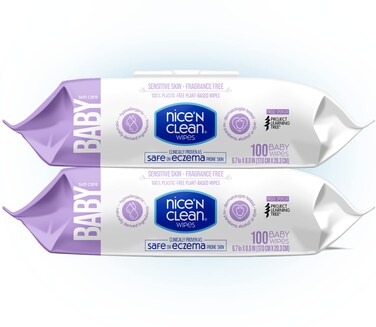 Nice 'n CLEAN Skin Care Baby Wipes Unscented 100ct (2-Pack)   Ideal for Sensitive Skin   Safe on Eczema Prone Skin   100% Plastic-Free