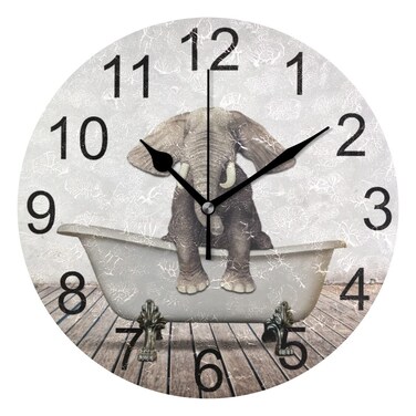 J JOYSAY Bathroom Wall Clock Silent Non Ticking Wall Clock Decorative Battery Operated Rustic Bathtub Elephant Clock for Bathroom Home Office Bedroom Kitchen Art Clock, 9.8 Inch