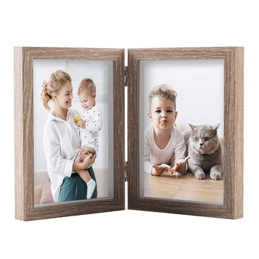 AEVETE 5x7 Double Picture Frames Hinged Wood Folding Picture Frames Vertically Display, Real Glass Front