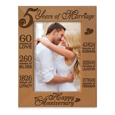 KATE POSH - 5 Years of Marriage Photo Frame - Happy 5th Anniversary Wood - Engraved Natural Solid Wood Picture Frame (5x7-Vertical)