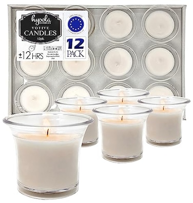 Hyoola Votive Candles - White Votives in Clear Cup - 12 Hour Burn Time Unscented Votive Candles Bulk - Pack of 12 Small Candles in Bulk - Made in Europe