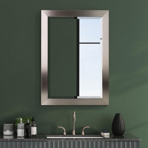 Head West Brushed Nickel Bathroom Vanity Mirror, Beveled Decorative Mirror for Wall Decor, Wall-Mounted Rectangle Bathroom Mirror for Over Sink, Restroom, Bedroom, Living Room Hallway Entryway 16x28