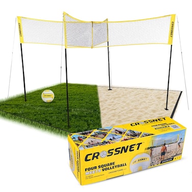 CROSSNET 4-Way Volleyball Net with Carrying Backpack &amp; Ball - 4 Square Volleyball Game Set for Adults and Kids - Quick Assemble Outdoor Game - Backyard Yard Games