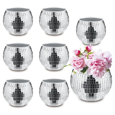 8 PCS Silver Disco Ball Vase,Glass Disco Ball Planter Candle Holder Vase Bulk Mirror Disco Ball Flower Vase for Wedding Centerpieces,Birthday,Office,Bedroom