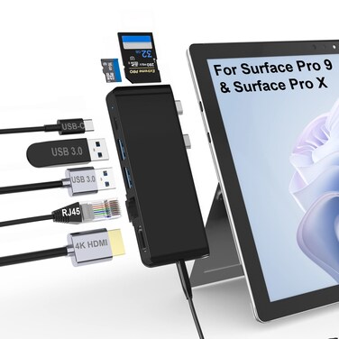 Surface Pro 9 Docking Station,Surface Pro 9 10 11 Hub Adapter with 100 Mbps LAN, 4K HDMI,100W USB-C (Display+Data+PD Charging),USB 3.0,3.5mm Audio,SD/TF Card Reader for Microsoft Surface Pro 11/10/9