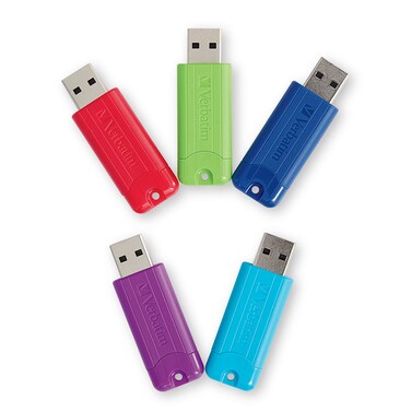 Verbatim 16GB Pinstripe USB 3.2 Gen 1 Flash Drive Retractable Thumb Drive- 5 Pack - Multicolor (Green, Blue, Red, Purple, Cyan)