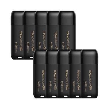 TEAMGROUP C175 64GB 10 Pack USB 3.2 Gen 1 (USB 3.1/3.0) Read 100MB/s Flash Thumb Drive, External Data Storage Memory Stick Compatible with Computer/Laptop Matte Black TC175364GB23
