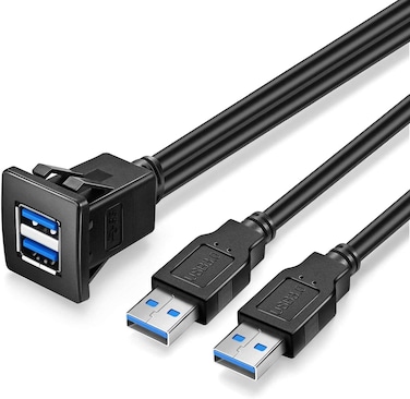 URWOOW Dual USB3.0 Square Flush Mount - 2M 6ft USB 3.0 Extension Mount, Dash Mount, Flush Mount, Panel Mount Cable, for Car, Boat, Motorcycle (6 feet) - Black
