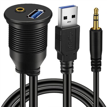 BATIGE USB 3.0 &amp; 3.5mm Car Mount Flush Cable, 3ft