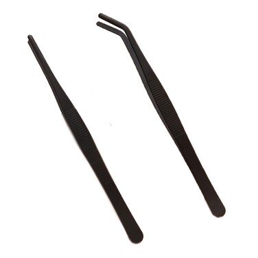 MIUPOO Long Handle Stainless Steel Paint Straight and Curved Tweezers Nippers,Extra Long Precision Craft Tweezers Set with Serrated Tips,Black,2 pieces,9.8Inches