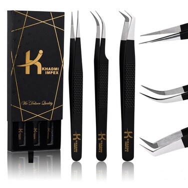 Eyelash Extension Tweezers, KHADMI IMPEX Fiber Tip Lash Tweezers - Set of 3 Eyelash Tweezers - Straight and Curved And Volume Eye Lash Tweezers for Extensions (Black)