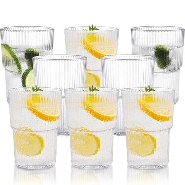 HIGIINC 17OZ Ribbed Drinking Glasses Set of 8 - Unbreakable Glasses Drinking Set Plastic Cups Reusable Acrylic Glasses Drinkware - Plastic Drinking Glasses Dishwasher Safe, BPA free