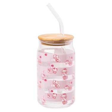 Silver Buffalo Sanrio Hello Kitty Strawberry Milk Pink Glass Jar Tumbler with Bamboo Lid and Glass Straw, 16 Ounces