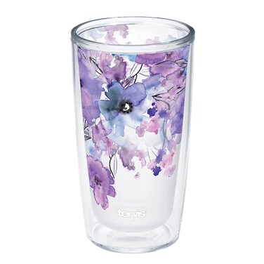 Tervis Made in USA Double Walled Watercolor Floral Purple - Crystal Insulated Tumbler Cup Keeps Drinks Cold &amp; Hot, 16oz, Delicate Bouquet