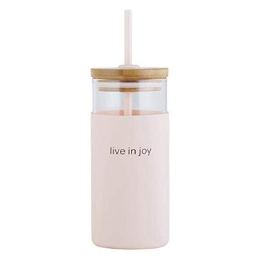 Faithworks Creative Brands Tumblers - Inspirational Glass Water Bottle with Silicone Sleeve, Bamboo Lid and Straw Lidded Tumbler, 18-Ounce, Live In Joy