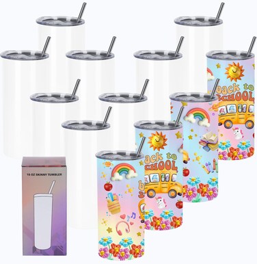 Wzaytia 15 Oz Sublimation Tumblers Blank (12 Pack), Skinny Straight Kids Sublimation Tumblers Bulk, Individually Gift Boxed, White Tumblers Sublimation