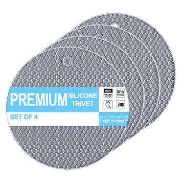 Coomin Silicone Trivets for Hot Dishes - 4 Heat Resistant Mats for Countertops, Multipurpose Non-Slip Hot Pads for Kitchen Potholders, Jar Opener, Spoon Holde, Food Grade Silicone&iuml;&frac14;&circ;Grey&iuml;&frac14;&permil;