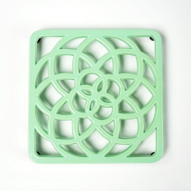 HAWOK Enameled Cast Iron Square Trivet with Rubber Pegs, Metal Trivet for Hot Dishes, Green