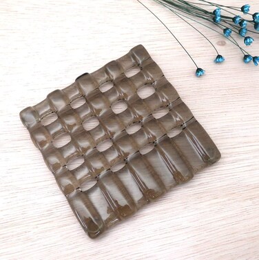 Canplow Glass Coaster (Brown), Handmade Glass Trivet for Hot Dishes, 4" x 4" Square, Best Gift for her or Mom