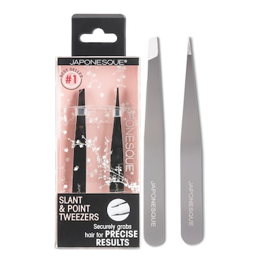 JAPONESQUE Slant and Point Tweezers Set, for Defining and Shaping Brows, Made with Hand-Sharpened Stainless, Ideal for Travel