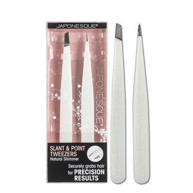 JAPONESQUE Pointed &amp; Slant Tweezers Natural Shimmer Set, Precision Crafted, Hand Sharpened Tips for Shaping and Defining Brows