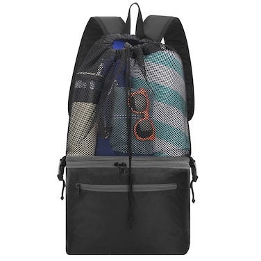 KISLANE Mesh Beach Backpack Bag with Cooler Bottom, Mesh Beach Backpack for Summer Camping Vacation (Black)