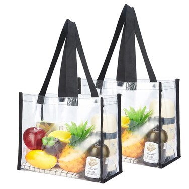HAOGUAGUA 2-Pack Clear Tote Bag Stadium Approved 12x12x6, Transparent See Through Clear Tote Bag for Work, Sports Games, Concerts, Beach (Black)