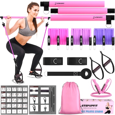 Pilates Bar Kit with 6 Adjustable Resistance Bands and Jump Rope, 3-Section Yoga Pilates Bar, Bands, Skipping Rope, Workout Equipment for Legs,Hip,Waist,Arm,Exercise Fitness Equipment (Pink)
