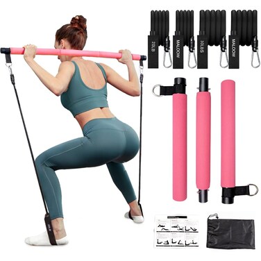 MALOOW Pilates Exercise Bar Kit with Resistance Bands(40lbs&amp;60lbs),Portable Pilates Equipment for Men and Women Fitness,Pilates Stick and Tubes with Foot Strap &amp; Handles for Full Body Workout,(Pink)