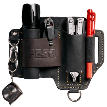 FESA EDC Leather Multitool Sheath - Top Grain Leather EDC Pouch Organizer for Flashlight, Tactical Knife Multitool &amp; Pen - with Keyring Clip - Work &amp; Everyday Use Utility Belt Pouch for Men (Black)