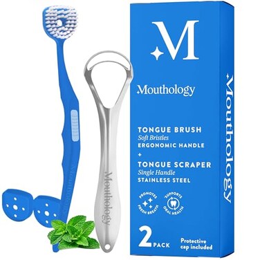Mouthology Tongue Brush &amp; Tongue Scraper (Combo Pack), Reduce Bad Breath &amp; Improve Oral Hygiene, Tongue Scraper Brush for Adults Ergonomic Handle &amp; Protective Cap, Tongue Cleaner