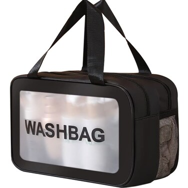 YIMIKE Travel Toiletry Bag,Large Clear Makeup Bag,Cosmetics Bag,Transparent Skin Care Bag for Toiletries,Waterproof &amp; Draining,2 in 1 PVC Toiletry Organizer Thickened Wash Bag for Women Men (Black)