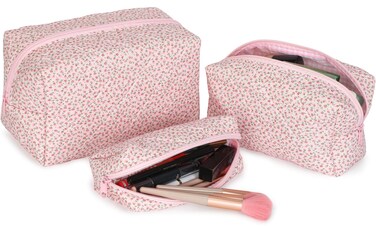 Silongder 3 PCS Quilted Makeup Bag, Floral Cotton Cosmetic Bag, Large Travel Makeup Bag Cute Floral Coquette Cosmetic Bag Toiletry Bag for Women (Pink Floral)
