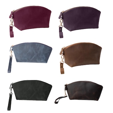 KAAL Crazy Horse, Clutch Makeup, Pure Leather Bag, Travel Cosmetic Bag for Women, Genuine Leather Toiletry Bag, Traveller's Kit Organizer Bag, Portable Cosmetic Accessories Bag (Purple)